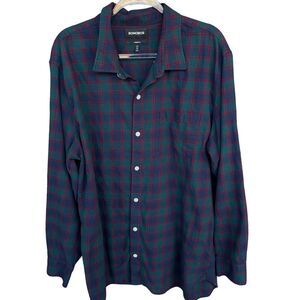 Bonobos Mens Button Up Shirt 2XL Long Plaid Green Blue Standard Fit Long Sleeve